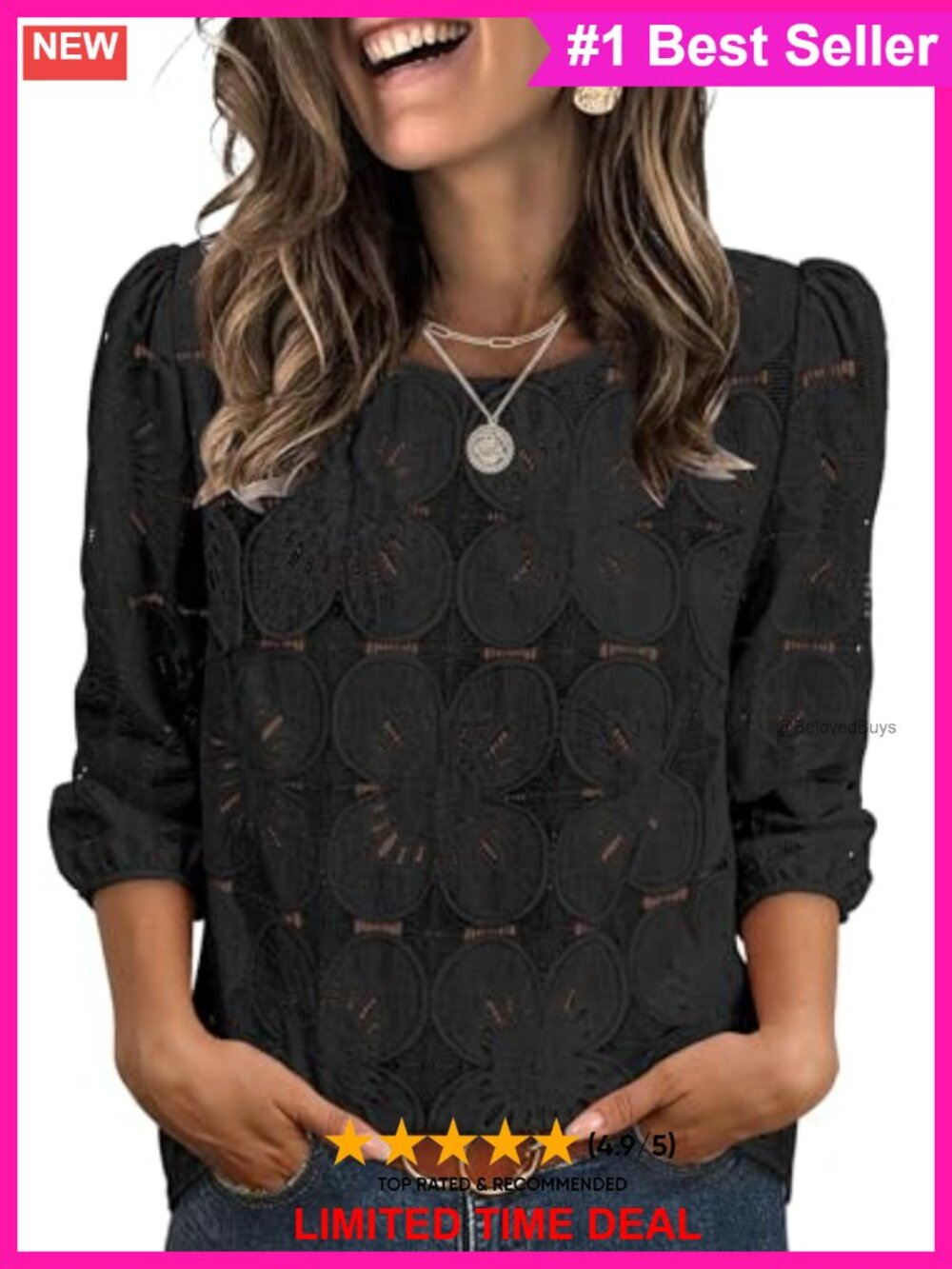 Lace Eyelet Blouse 3/4 Puff Sleeve Dressy Casual Top